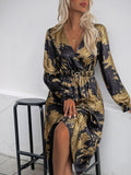 MQTIME  -   Printed Surplice Long Sleeve Midi Dress