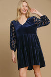 MQTIME  -  Umgee Dotted Lace Sleeve Tiered Velvet Mini Dress