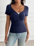 MQTIME  -  Devine Decorative Button Short Sleeve T-Shirt