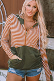 MQTIME  -   Drawstring Stripe Half Zip Long Sleeve Hoodie