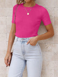 MQTIME  -   Ribbed Round Neck Short Sleeve Knit Top