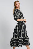 MQTIME  -  Umgee Bow Tie Print Notched Contrast Velvet Trim Midi Dress