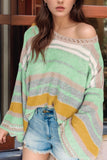 MQTIME  -  Contrast Striped Boat Neck Dropped Shoulder Sweater