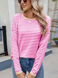 MQTIME  -  Striped Contrast Round Neck Long Sleeve Sweater