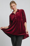 MQTIME  -  Umgee Pearl Detail Collared Neck Velvet Babydoll Blouse