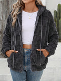 MQTIME  -  Checkered Texture Zip Up Drawstring Fuzzy Jacket