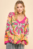 MQTIME  -   Floral Contrast V-Neck Dropped Shoulder Sweater