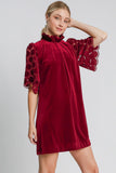 MQTIME  -  Umgee Dotted Lace Half Sleeve Mock Neck Back Tie Velvet Dress