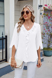 MQTIME  -  Ruffled V-Neck Three-Quarter Sleeve Blouse