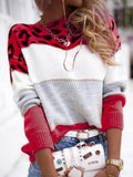MQTIME  -  Leopard Color Block Round Neck Long Sleeve Sweater