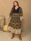 MQTIME  -  Plus Size Floral V-Neck Balloon Sleeve Midi Dress
