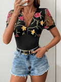 MQTIME  -  Perfee Embroidered V-Neck Floral Bodysuit