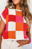 MQTIME  -  Contrast Plaid Round Neck Cap Sleeve Sweater