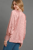 MQTIME  -  Umgee Wrinkled Round Neck Lantern Sleeve Blouse