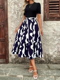 MQTIME  -  Printed Round Neck Short Sleeve Midi Dress