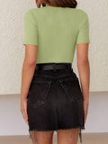MQTIME  -   Ribbed Round Neck Short Sleeve Knit Top
