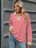 MQTIME  -  Striped Johnny Collar Long Sleeve Sweatshirt