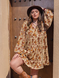 MQTIME  -  Plus Size Printed V-Neck Balloon Sleeve Mini Dress