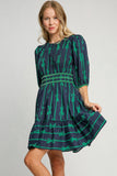 MQTIME  -  Ribbon Print Frill Contrast Velvet Trim Half Sleeve Dress