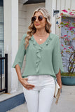 MQTIME  -  Ruffled V-Neck Three-Quarter Sleeve Blouse