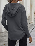 MQTIME  -  Drawstring Waffle Knit Long Sleeve Hooded Top