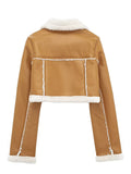 MQTIME  -   Collared Neck Long Sleeve Plush Cropped Jacket