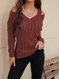 MQTIME  -   Cable-Knit V-Neck Cold Shoulder Sweater