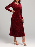 MQTIME  -  Flower Print V-Neck Long Sleeve Midi Dress