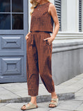 MQTIME  -  Lovelet Plaid Round Neck Sleeveless Top and Pants Set