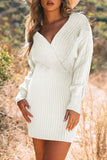 MQTIME  -  Cable-Knit Surplice Lantern Sleeve Sweater Dress