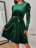 MQTIME  -  Glitter Round Neck Puff Sleeve Dress
