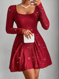 BaMQTIME  -  ckless Glitter Square Neck Long Sleeve Mini Dress