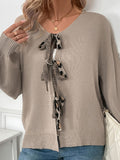 MQTIME  -   Perfee Tied Contrast Heart V-Neck Long Sleeve Cardigan