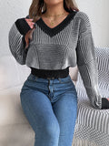 MQTIME  -  Striped V-Neck Long Sleeve Sweater