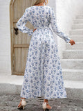 MQTIME  -  Smocked Printed V-Neck Flounce Sleeve Dress