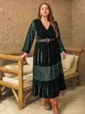 MQTIME  -  Plus Size Lace Patchwork V-Neck Balloon Sleeve Midi Dress