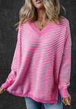 MQTIME  -   Striped V-Neck Dropped Shoulder Sweater