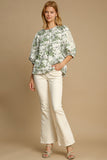 MQTIME  -  Umgee Floral Pleated Detail Lace Trim Sleeve Blouse