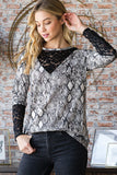 MQTIME  -  Full Size Snakeskin Print Round Neck Lace Contrast Top