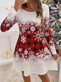 MQTIME  -  Snowflakes Plaid Round Neck Long Sleeve Dress