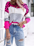 MQTIME  -  Leopard Color Block Round Neck Long Sleeve Sweater