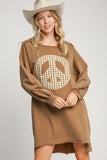 MQTIME  -  Umgee Peace Lace Applique Frayed Hem French Terry Mini Dress