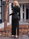 MQTIME  -  Slit Twisted Surplice Long Sleeve Dress