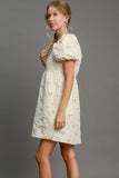 MQTIME  -  Umgee Heart Jacquard Square Neck Puff Sleeve Mini Dress