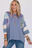 MQTIME  -  Striped Floral Patchwork Round Neck Top