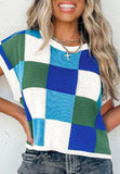 MQTIME  -  Contrast Plaid Round Neck Cap Sleeve Sweater