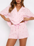 MQTIME  -  Valentine's Day Printed Collared Neck Short Sleeve Top and Shorts Set