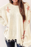 MQTIME  -  Contrast Star Raw Hem Long Sleeve Knit Top