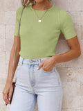 MQTIME  -   Ribbed Round Neck Short Sleeve Knit Top