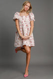 MQTIME  -  Umgee Heart Jacquard Square Neck Puff Sleeve Mini Dress